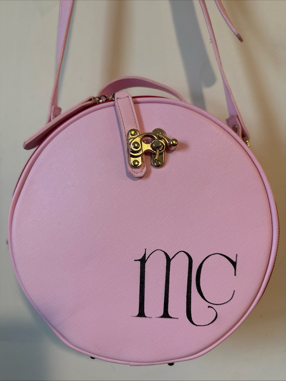 OLLIE QUINN Monogrammed Pink Round Crossbody Bag with Gold Hardware